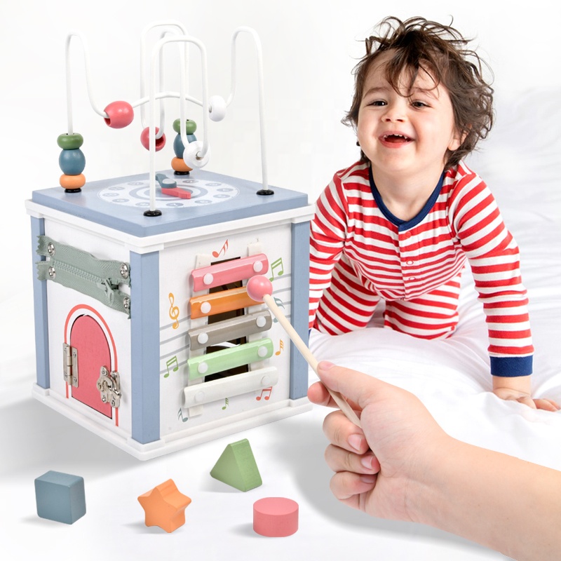 Дрвена активна коцка за деца – Montessori едукативна играчка - Image 2