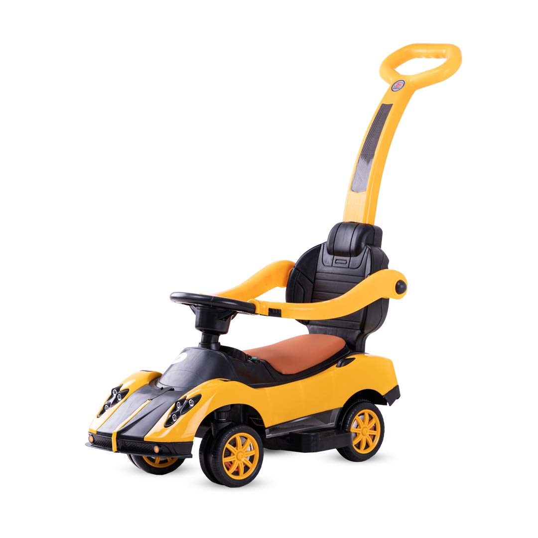 detski avtomobil na turkanje modern design zolta boja so roditelska raceka i zastitna ograda. Ovoj detski automobil na turkanje obezbeduva bezbednost, udobnost i zabava za mali deca pri prosetki na otvoreno ili zatvoreno.