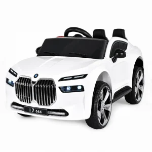 detski BMW avtomobil na akumulator 12V vo bela boja so LED svetla i vrati shto se otvoraat